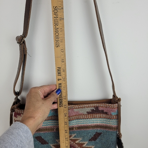Catchfly Studio Aztec Rug Southwest Beaded Boho Aqua Brown Leather Crossbody Bag - Picture 4 of 12